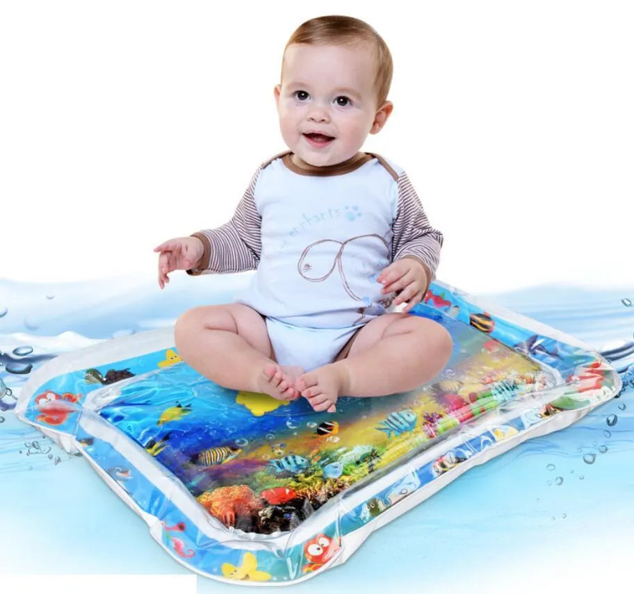 Baby inflatable water mat with 66x50cm PVC water cushion, two air rings, and foldable floor play design