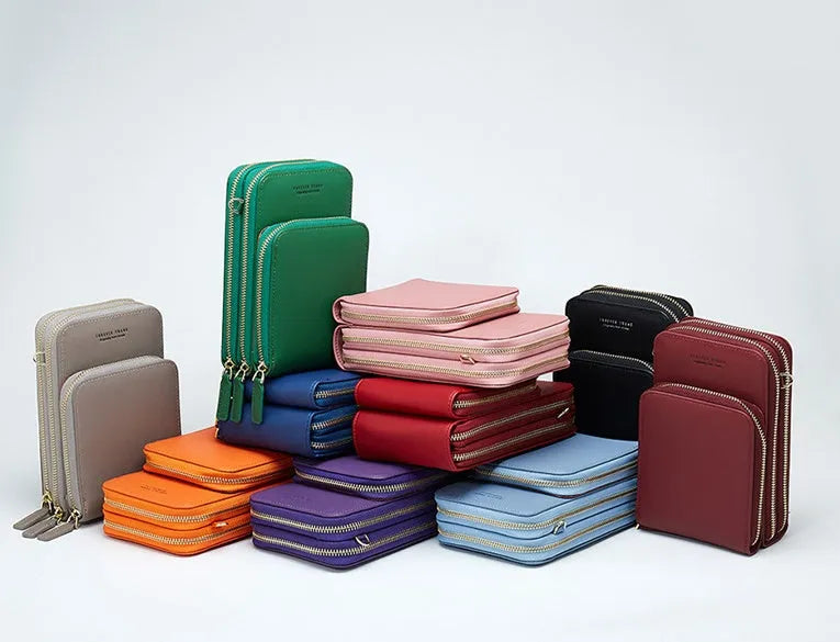 Multifunctional messenger mobile wallet in PU leather with detachable buckle, adjustable shoulder strap, and large capacity for phone and cards