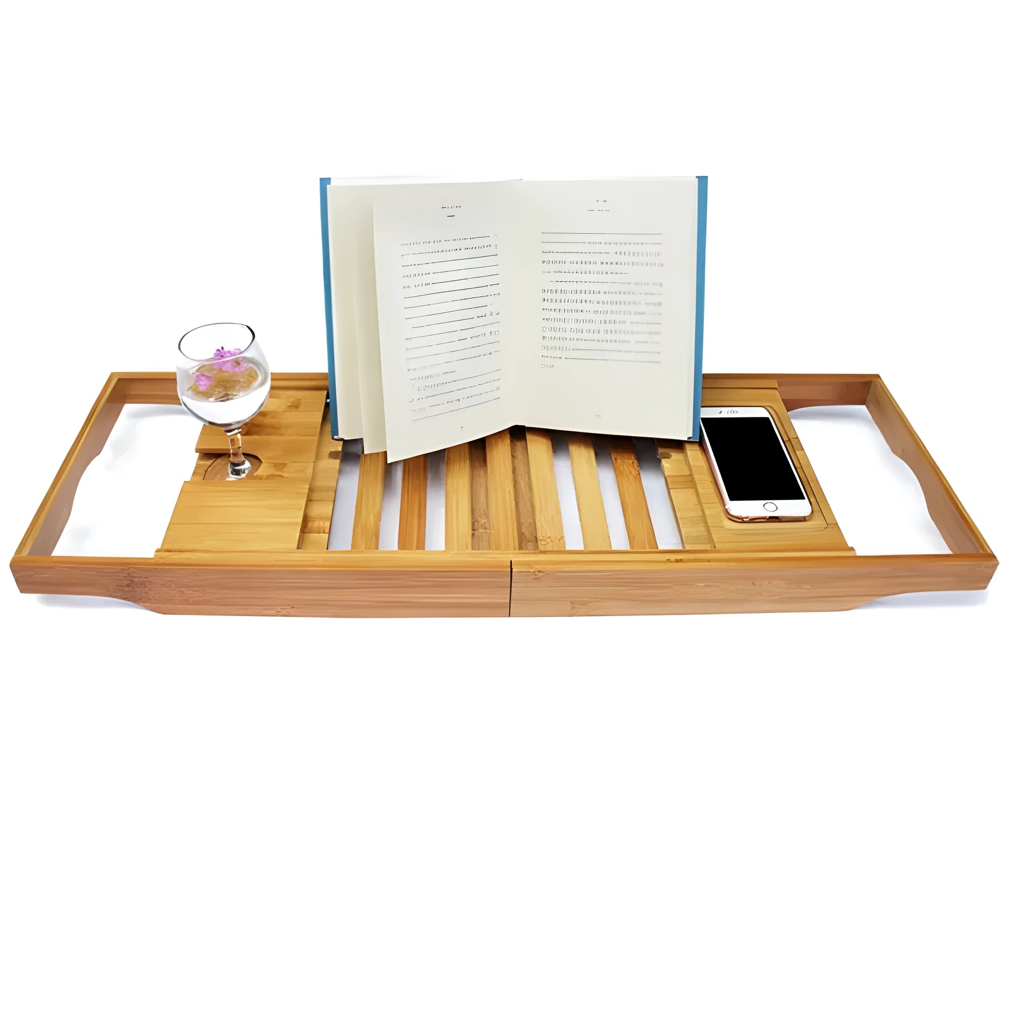 Natural bamboo single-tier desktop shelf for bathroom storage on a bathtub ledge.