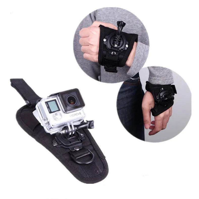 GoPro action camera mounted on a black wrist strap with a 360-degree rotating screw connection.