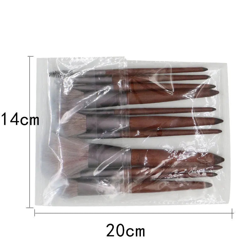 11-piece makeup brush set with synthetic hair heads, matte coffee aluminium ferrules, and natural wood handles