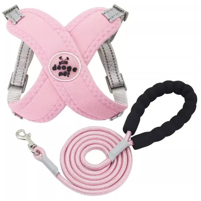 Polyester dog vest and hand-holding rope set in blue, green, pink, or yellow.