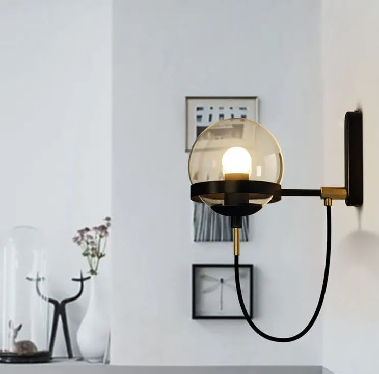 Modern retro wall lamp with glass shade in Nordic postmodern style, black finish, push button switch