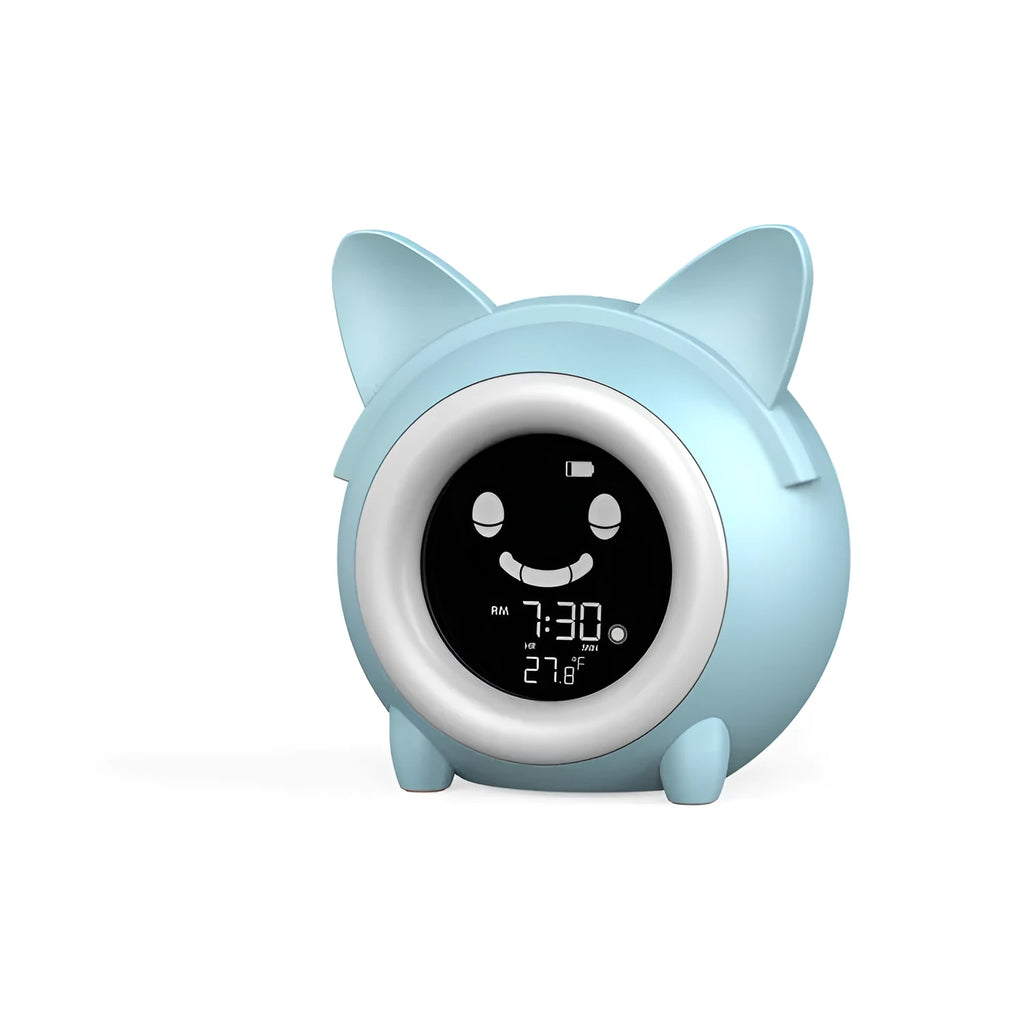 Round plastic LCD alarm clock with thermometer and luminous display, light blue colour