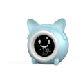 Round plastic LCD alarm clock with thermometer and luminous display, light blue colour