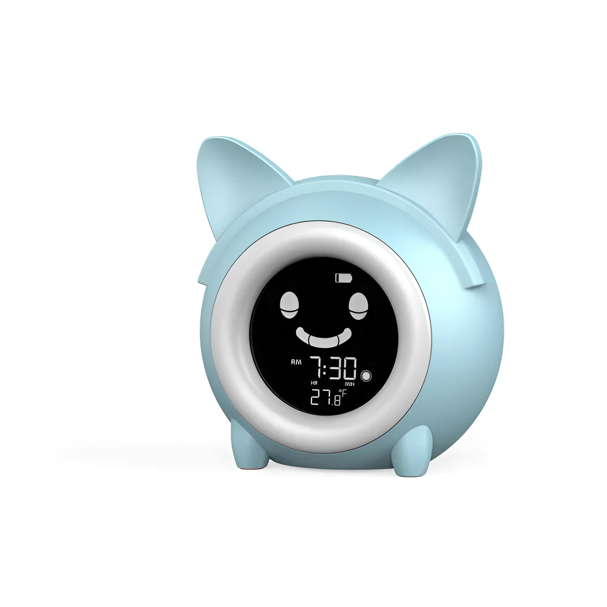 Round plastic LCD alarm clock with thermometer and luminous display, light blue colour