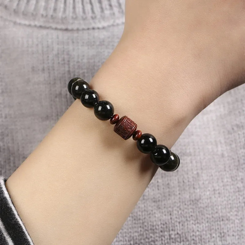 Golden obsidian bracelet with 10mm round beads in hand-woven retro design