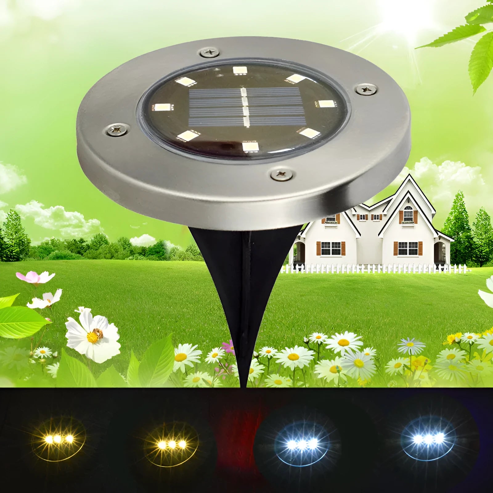 Set of 4 stainless steel and PP solar underground lights with 8 LEDs, 12x12x13cm, for garden paths