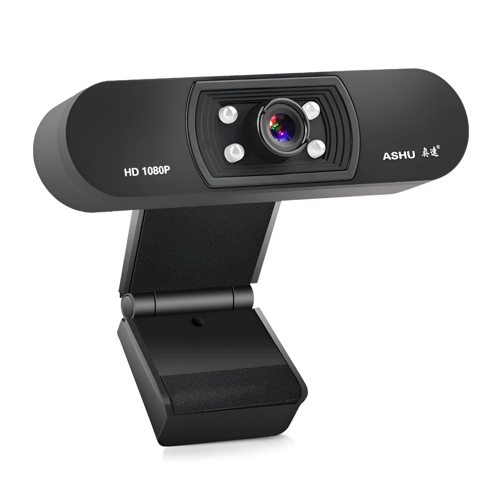 Black HD webcam with built-in microphone and glass lens on a laptop screen