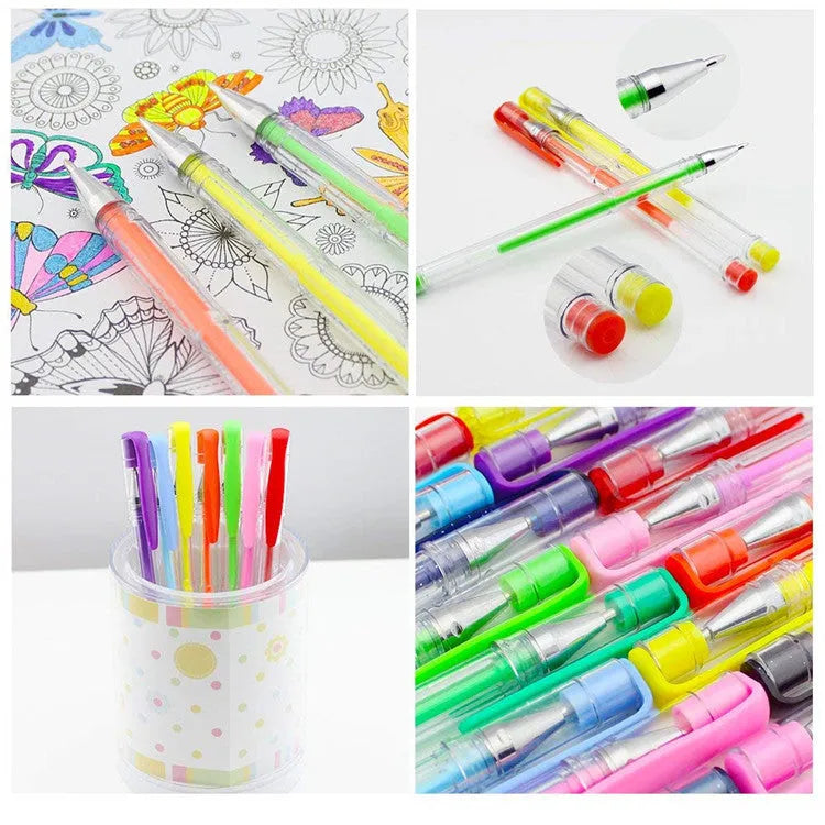 Set of 100 assorted colour gel pens with watercolour effects and dual fine nib sizes, shown next to a ruler.
