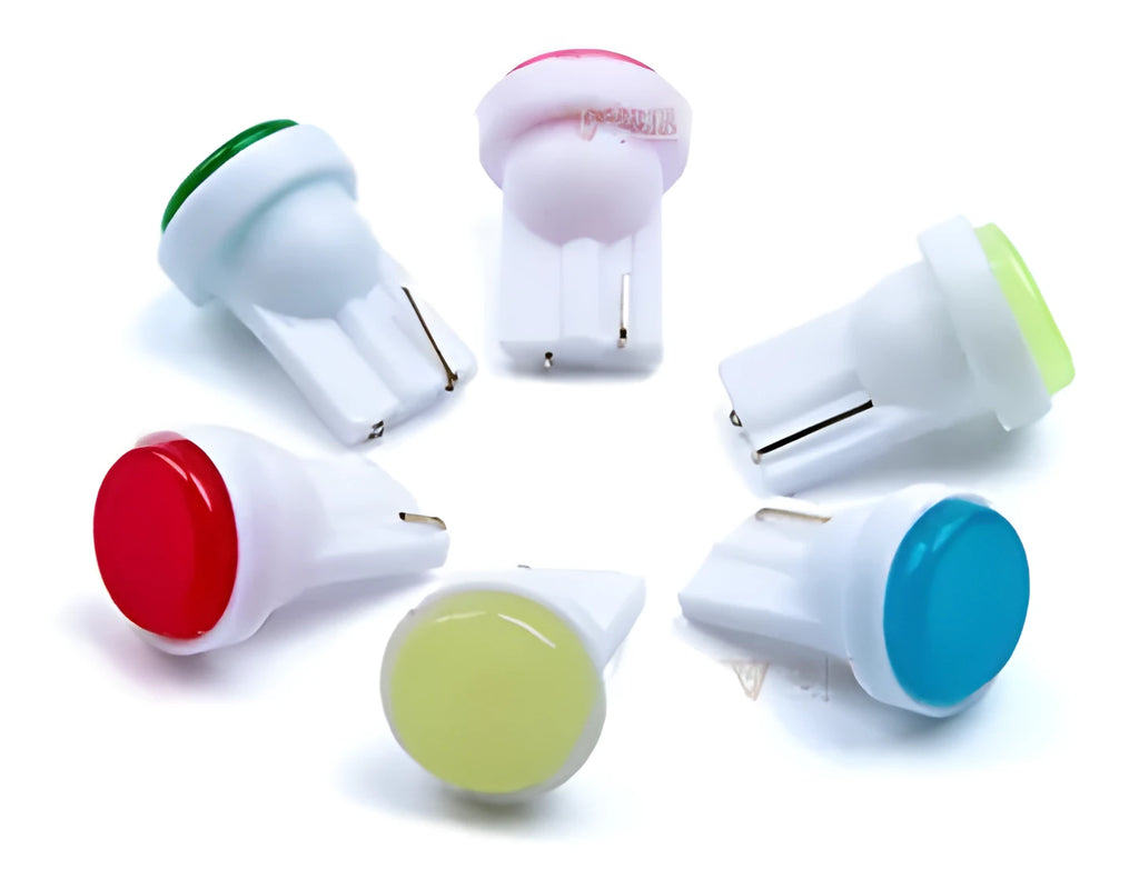 T10 wedge base 12V LED bulb in six colour options showing compact size and 3D COB light source.