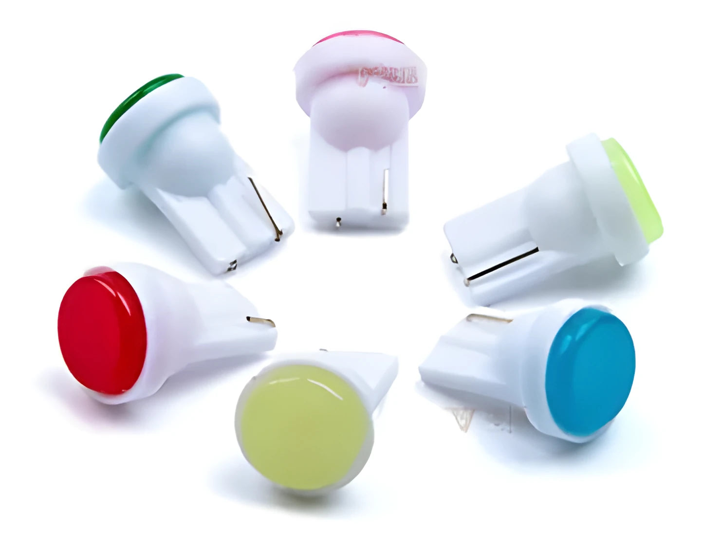 T10 wedge base 12V LED bulb in six colour options showing compact size and 3D COB light source.