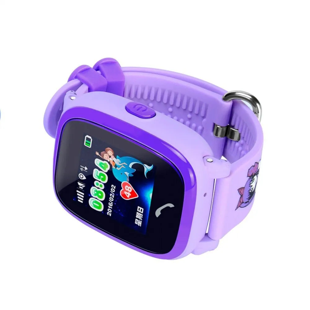 Blue children's waterproof smart watch with touch screen and silicone wristband showing GPS tracking display