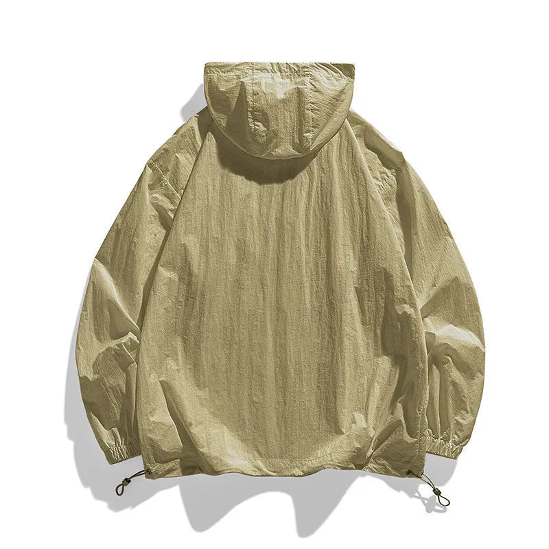 Lightweight Lycra sun protection jacket with hood in caramel colour showing front design
