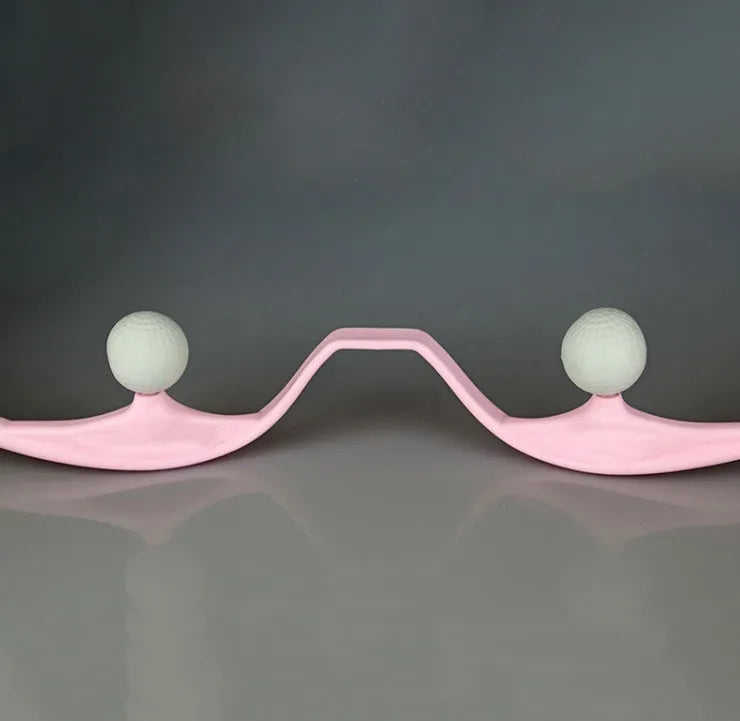 Blue plastic handheld neck massager with adjustable bracket and soft roller head on a white background.