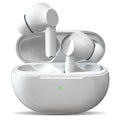 Black and white Pro4 Bluetooth wireless earbuds with their compact charging case on a table.