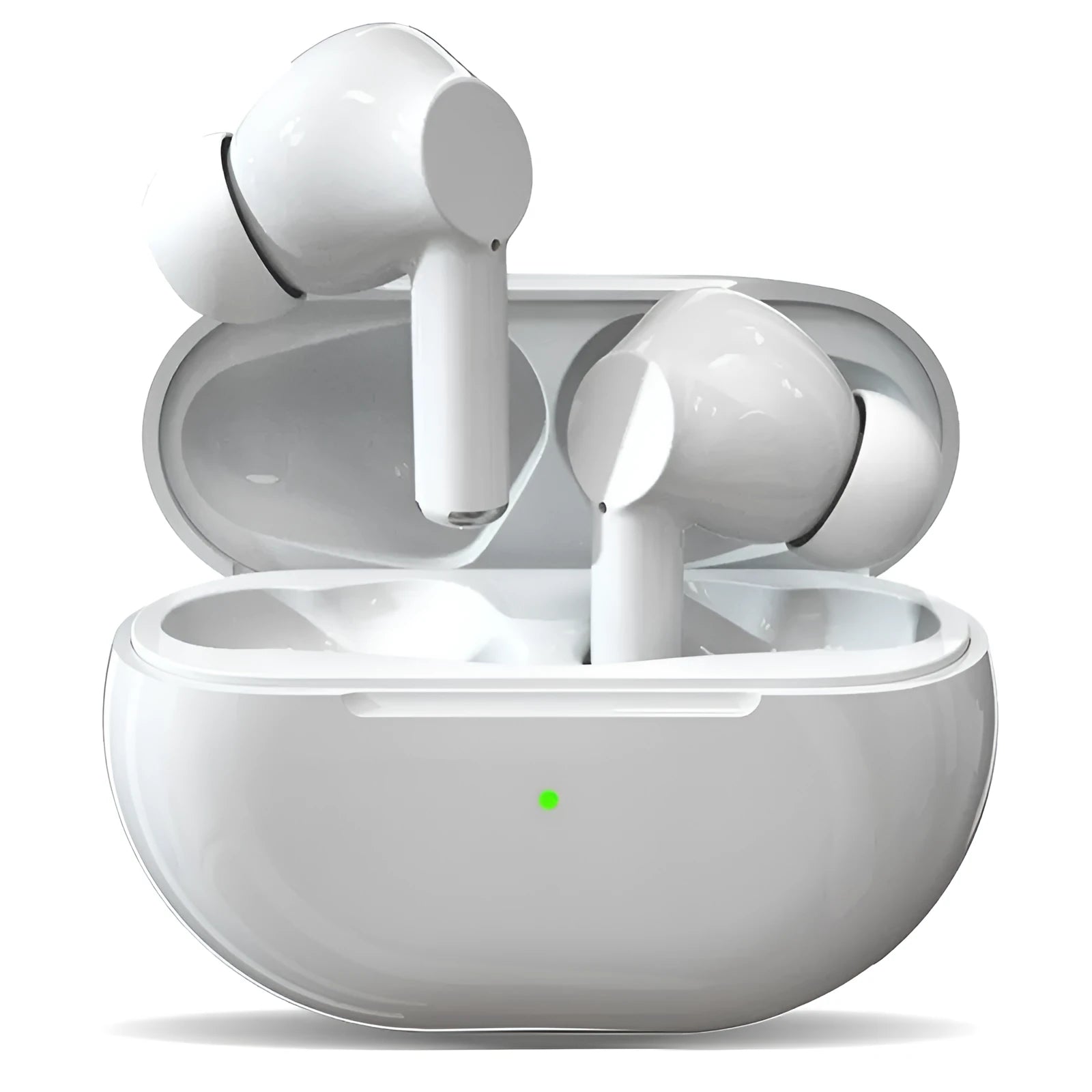 Black and white Pro4 Bluetooth wireless earbuds with their compact charging case on a table.