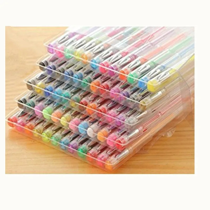 Set of 100 assorted colour gel pens with watercolour effects and dual fine nib sizes, shown next to a ruler.