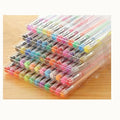 Set of 100 assorted colour gel pens with watercolour effects and dual fine nib sizes, shown next to a ruler.