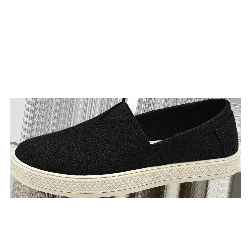 Men's beige canvas shoes with round toe and shallow mouth design on PVC sole