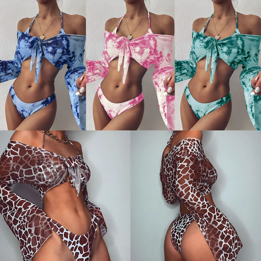 Leopard print rendering split long sleeve swimwear with breast pad, nylon fabric, high elasticity, blue colour