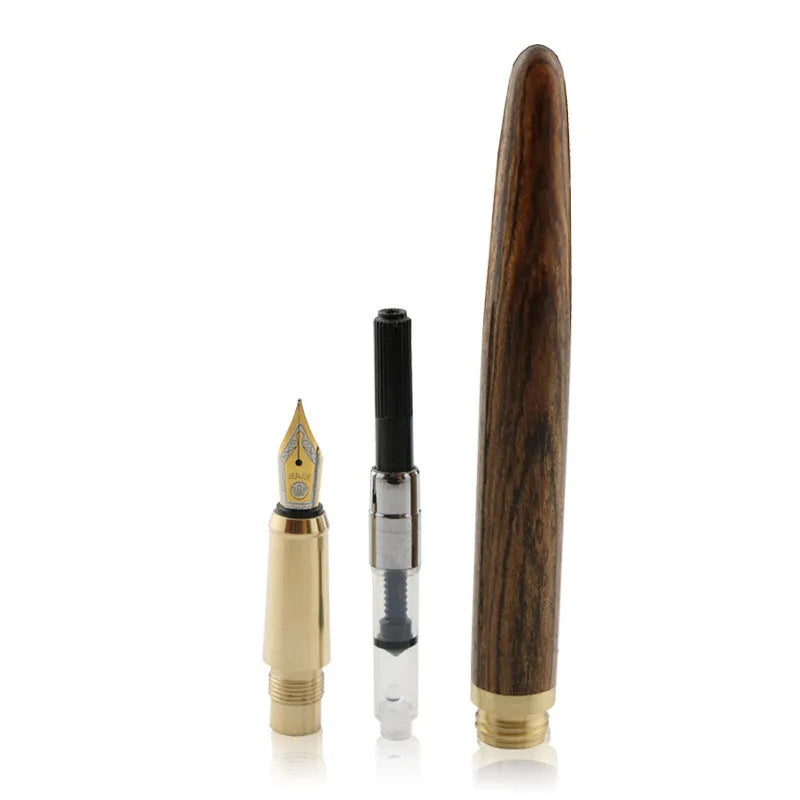 African rosewood fountain pen with brass accents and stainless steel nib, 152mm length, wooden barrel