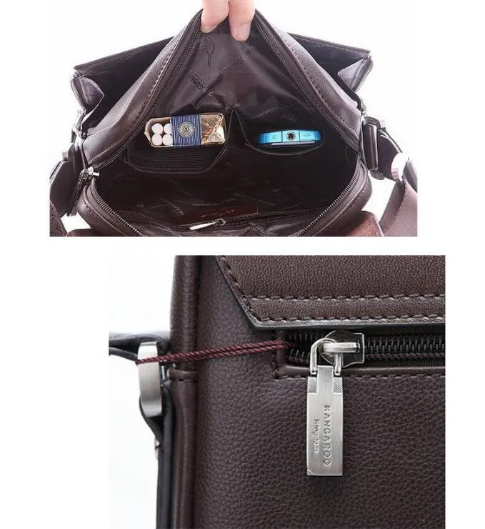 Men's PU leather messenger bag solid colour vertical model in Brown with cover closure and slit pocket