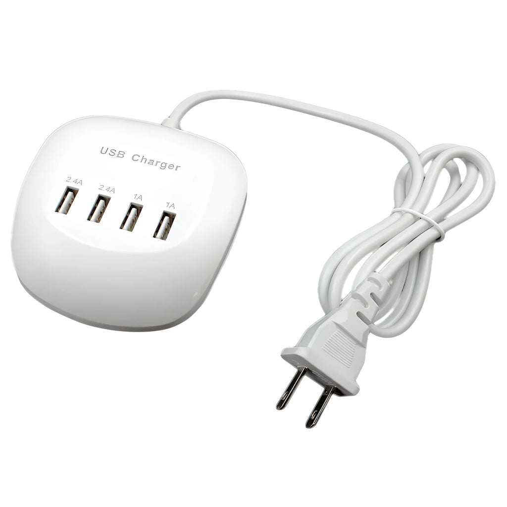 White USB wall charger with either EU or US style plug pins.