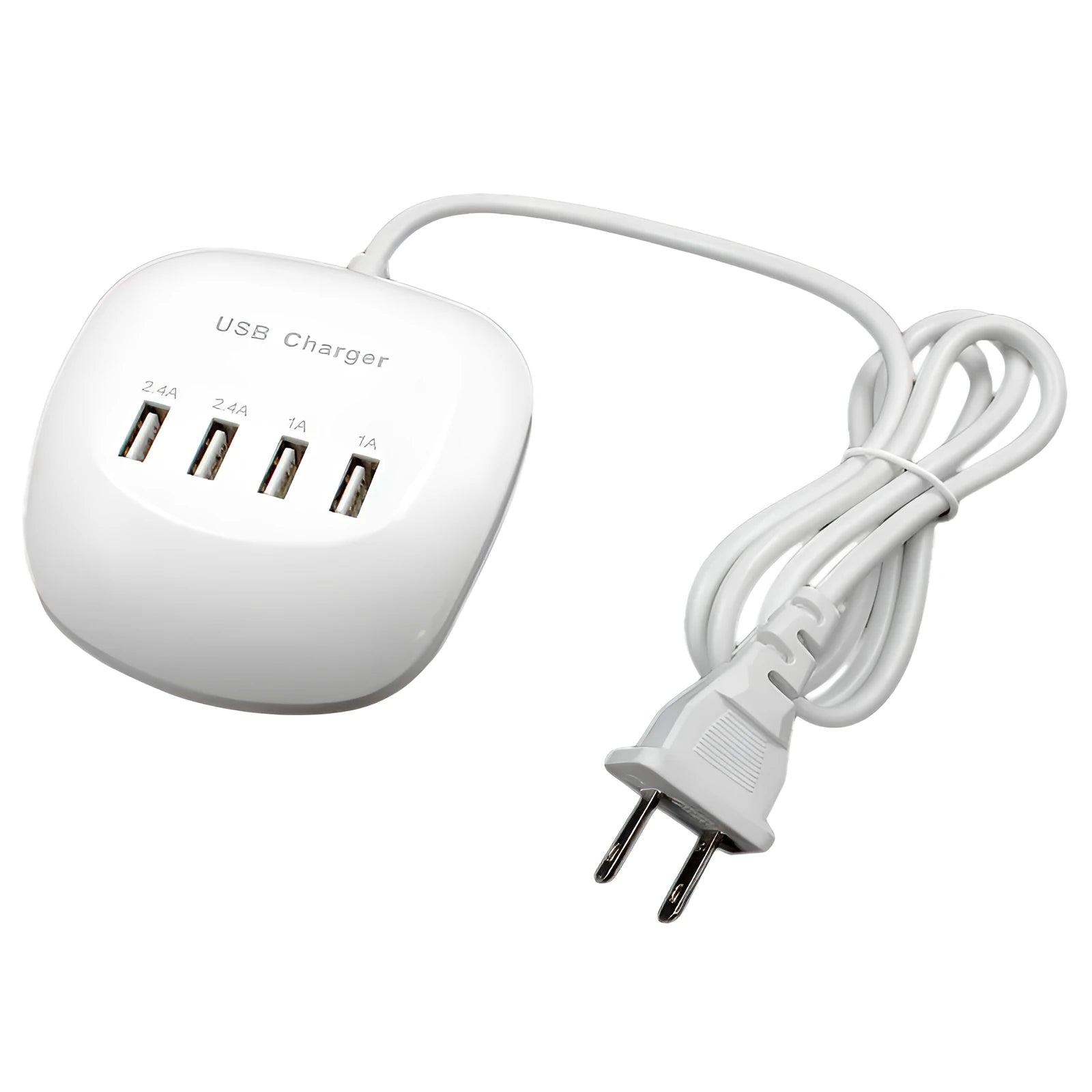 White USB wall charger with either EU or US style plug pins.