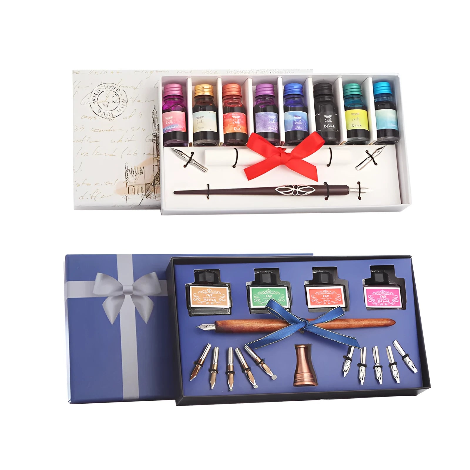 Wooden dip pen calligraphy set with coloured ink bottles in a wooden presentation box