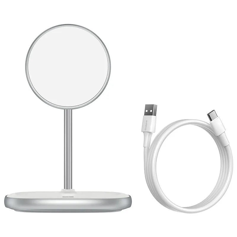 Black magnetic wireless charging stand for Apple iPhone 12 series with device attached at viewing angle