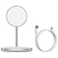 Black magnetic wireless charging stand for Apple iPhone 12 series with device attached at viewing angle