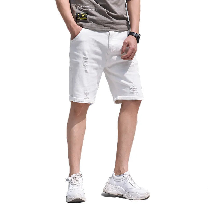 Men's cotton denim shorts in black with loose straight-leg cut and mid-waist zipper closure