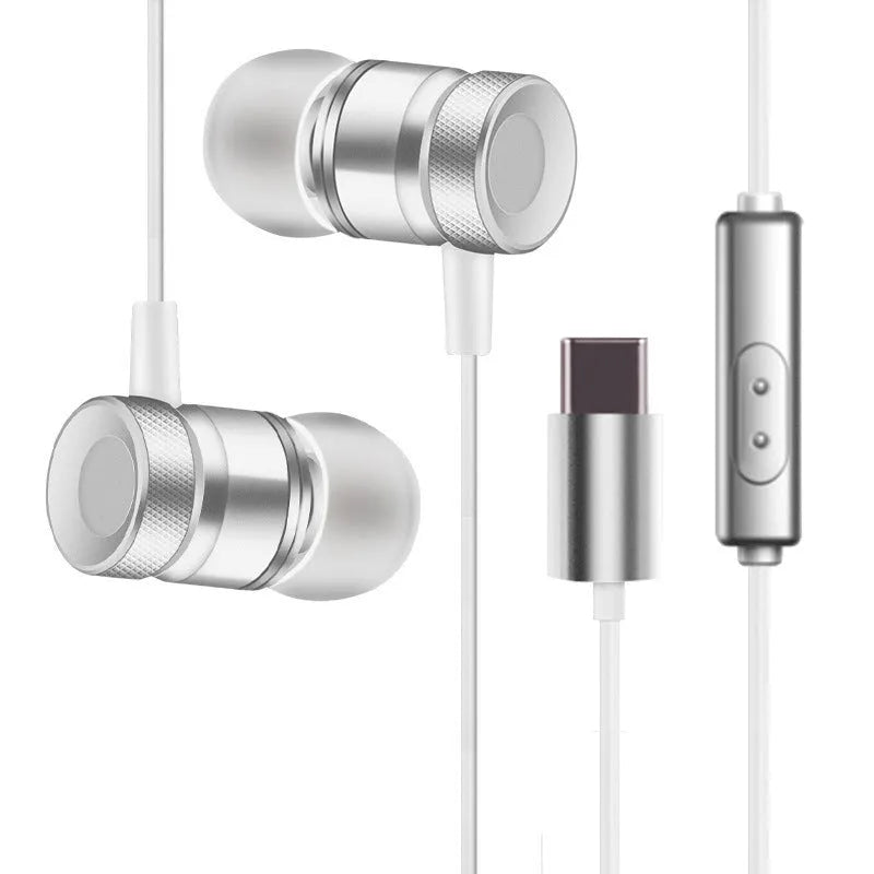 Close-up of in-ear music headphones with TPE cable in black, gold, pink and silver colour options.