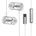 Close-up of in-ear music headphones with TPE cable in black, gold, pink and silver colour options.