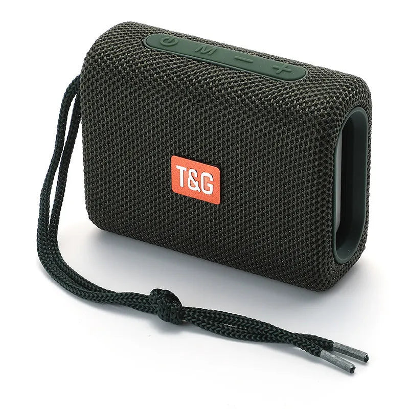 Wireless Bluetooth speaker in black, front view showing control buttons and grille, with double diaphragm subwoofer, 100x40x78mm
