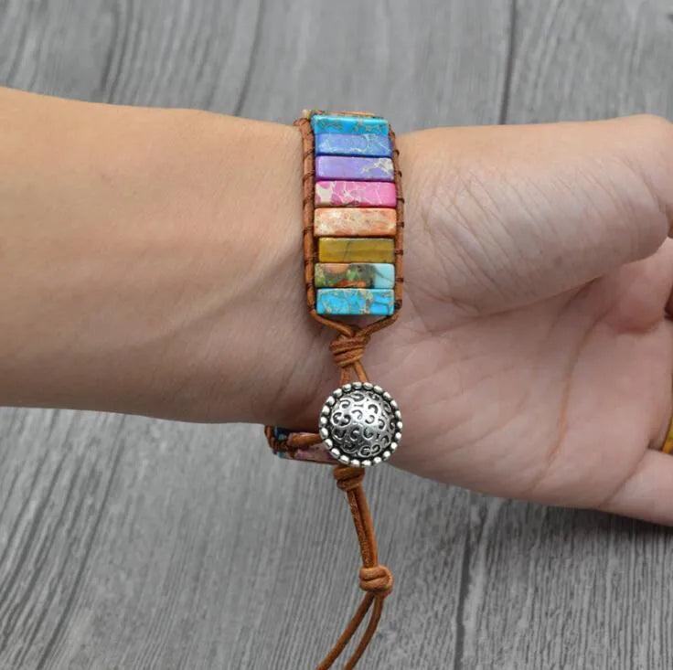 Handmade chakra bracelet with natural stone tube beads and leather wrap, easy-hook clasp, Bohemia style.