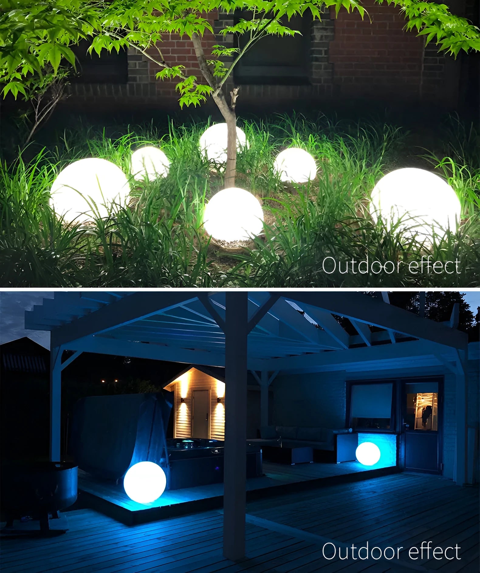 LED luminous ball lamp in garden setting with 16 colour options and remote control