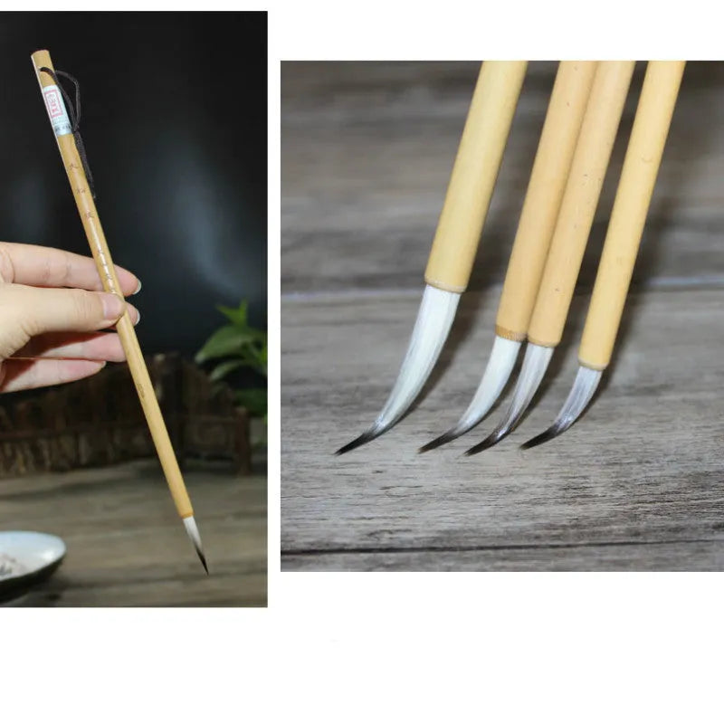 Four gold body writing brushes with wolf wool hook thread and mixed hair materials in pine branch set colour