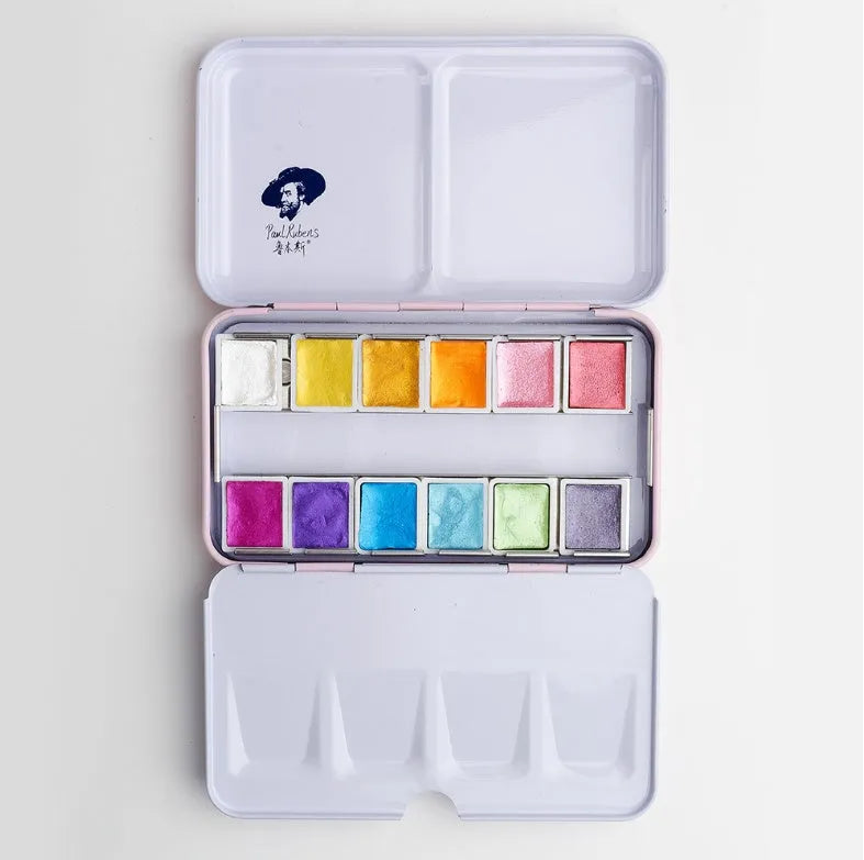 Solid watercolour paint palette showing pearl-effect colour pans in 12 and 24 set options.