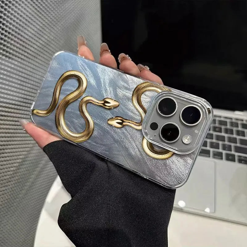 Gold snake design hard PC phone case for iPhone 16 Plus with white base and cartoon style