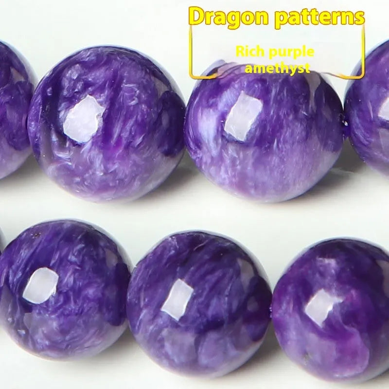 Natural transparent charoite crystal bracelet with platinum metal setting, showing different bead size options.