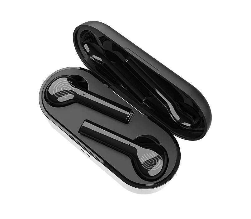 Black and white wireless Bluetooth earbuds with touch controls and charging case