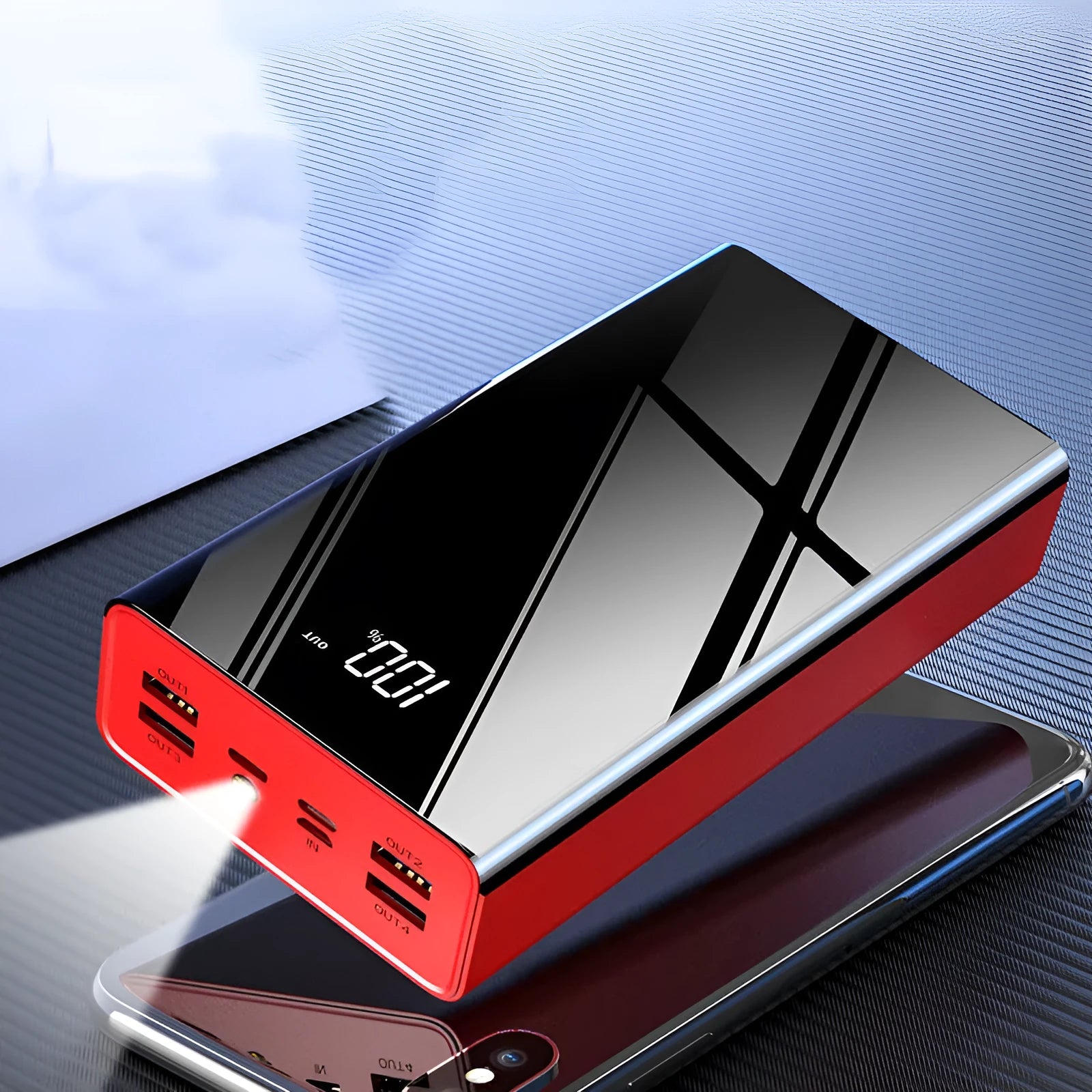 Black and red 40000 mAh power bank with LCD display showing charge level