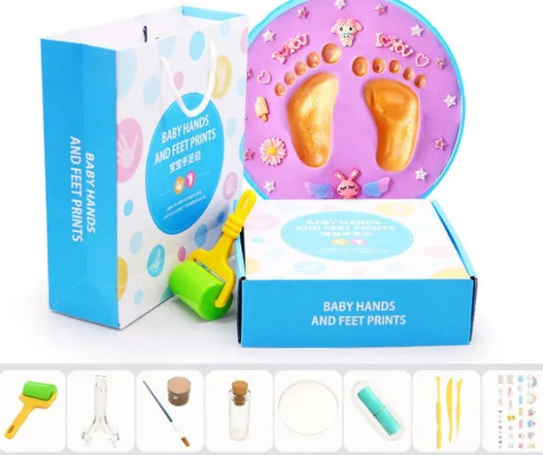 Baby hand and foot print mud kit with 4 colour clay set, tool set, and 20 cm x 20 cm x 3 cm ink box in a colour box.