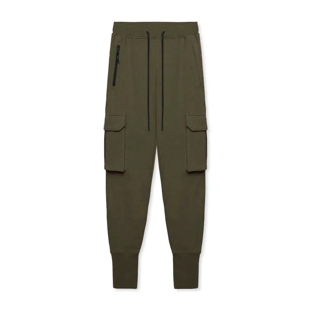 Slim fit multi-pocket cargo pants in cotton with polyester lining, shown in classic black, dark grey, army green, rust red or milky white.