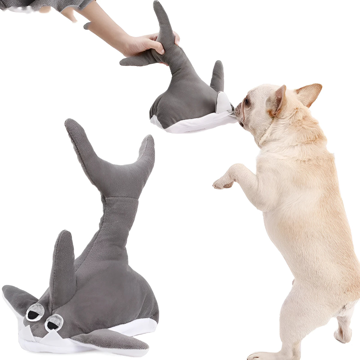 Grey plush shark pet throwing toy in plush cloth with cotton filling, 105g, M or S size