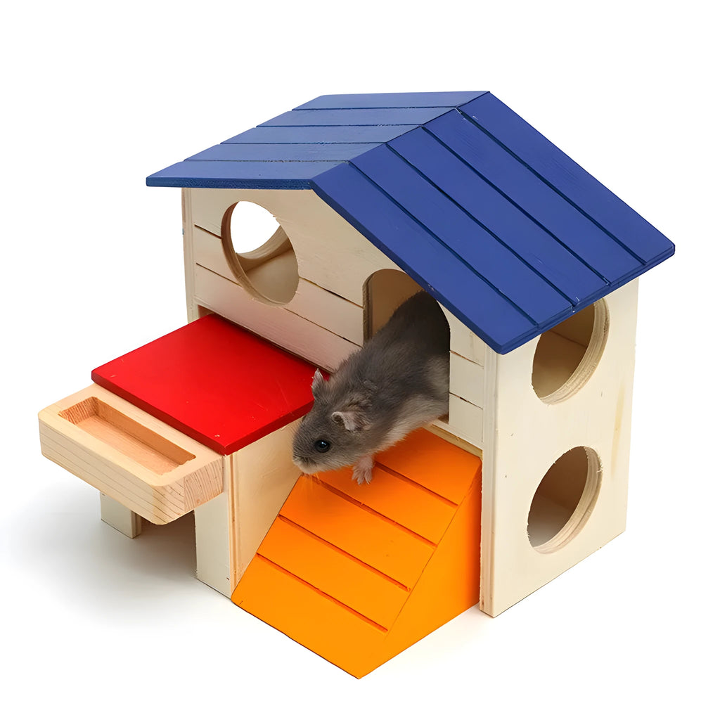 Blue-roofed wooden hamster villa toy measuring 17 cm wide for cage enrichment.