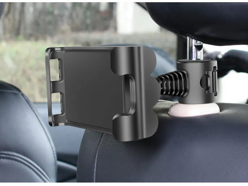 Car headrest phone and tablet holder with adjustable 360-degree rotation bracket in black, blue, or red.