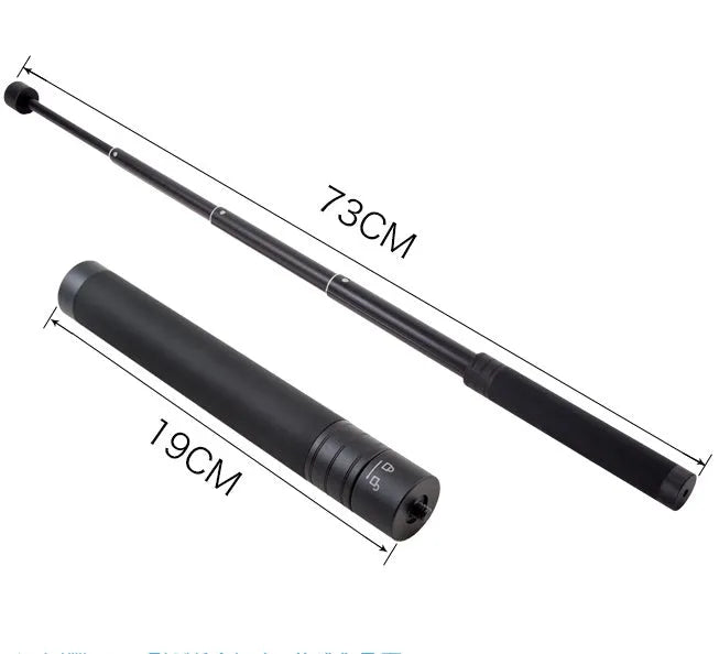 Black retractable aluminium selfie stick extended to 1.2m with a smartphone attached and a Bluetooth remote.